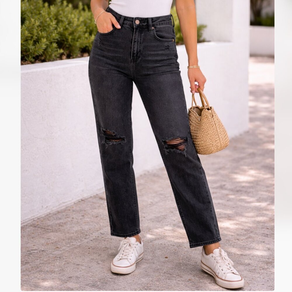 American Eagle Mom Straight Jeans 00 Regular Black Distressed